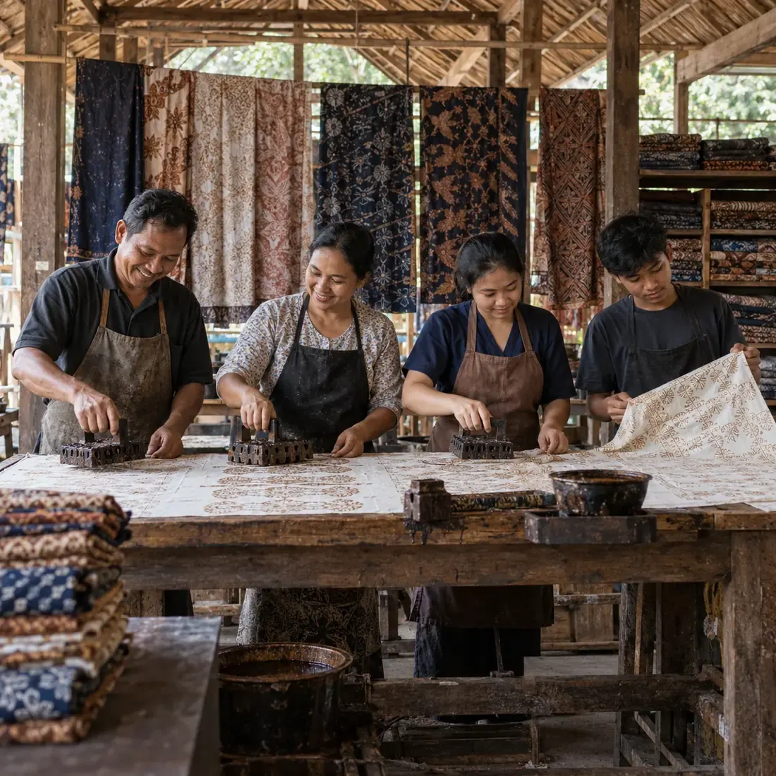 A family stamps batik together in their workshop