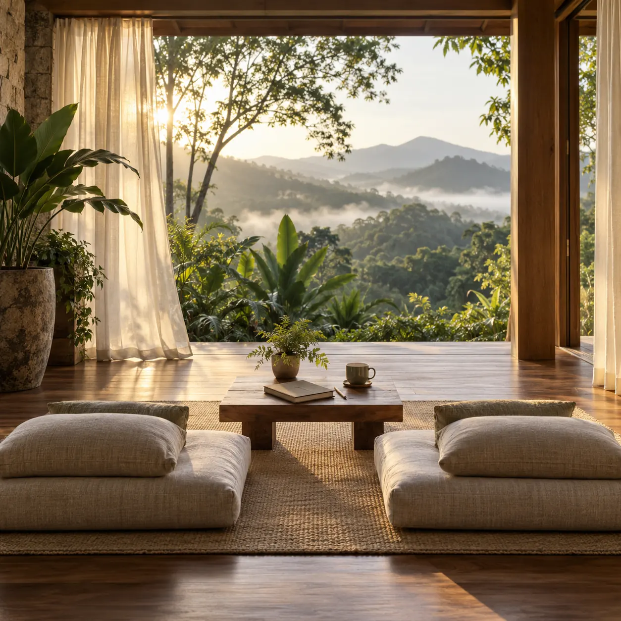 A quiet reflection room open to a misty garden and hills, with floor cushions, a journal, and tea in the morning light