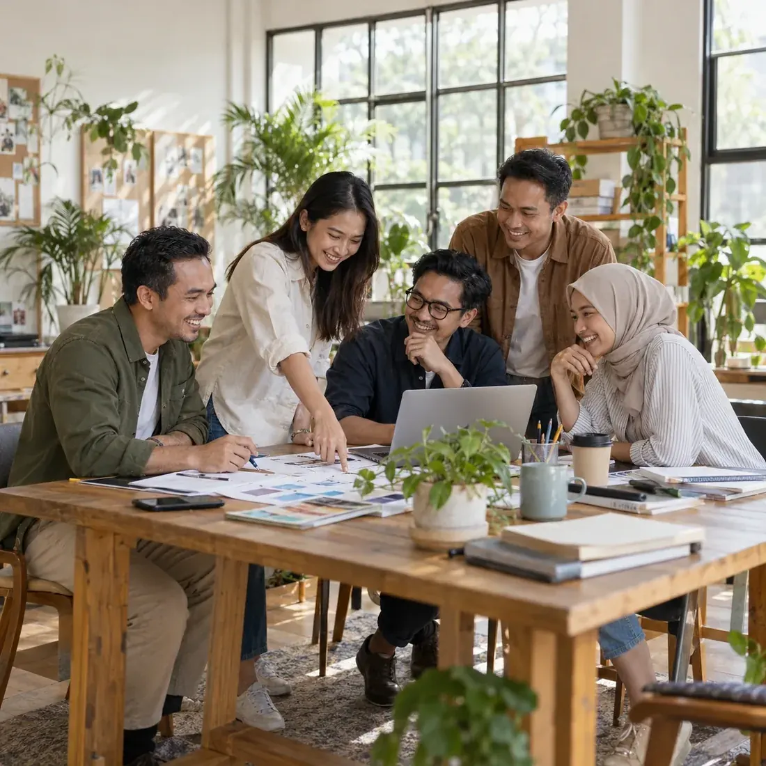 Colleagues laugh together as they work around a shared table