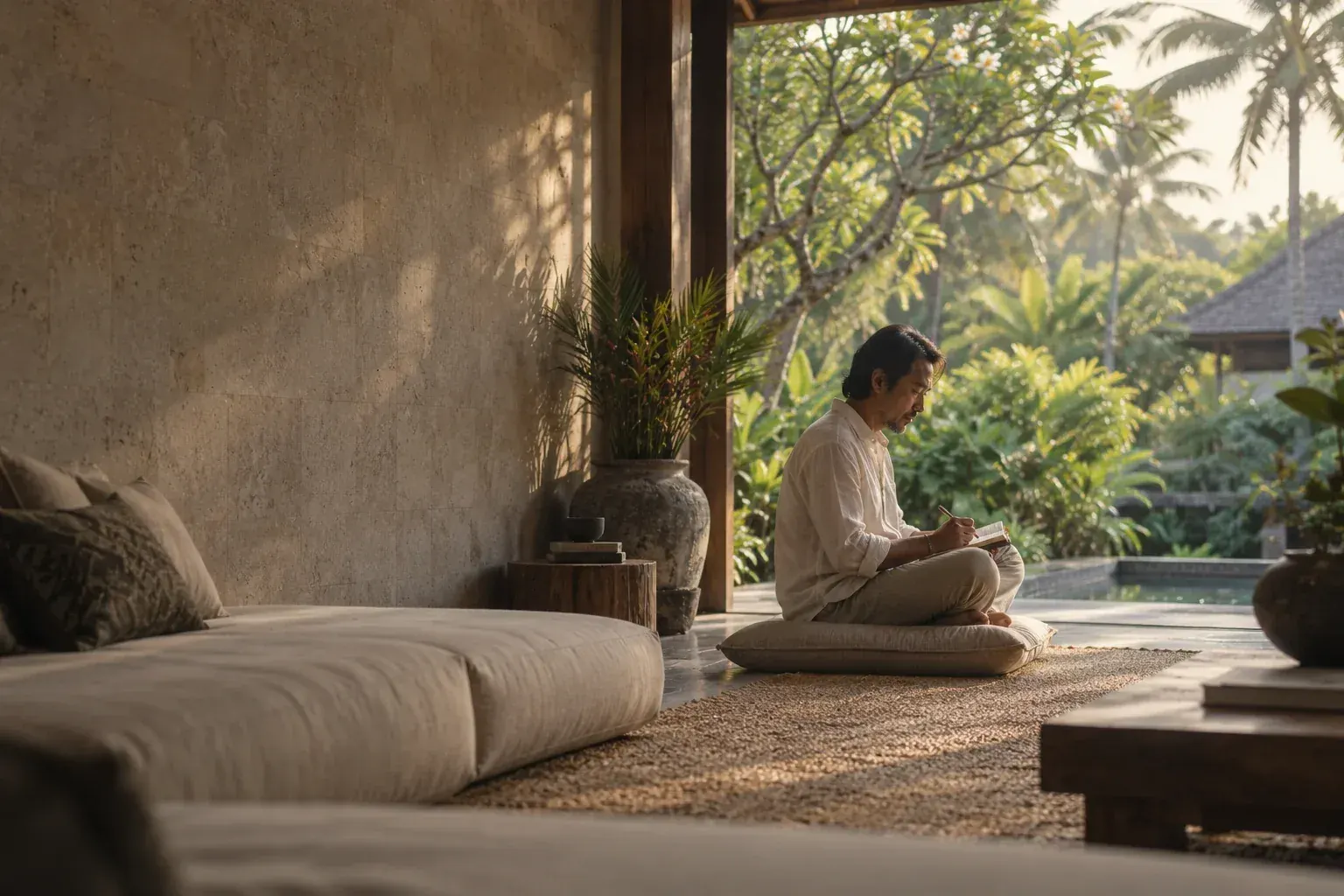A warm reflection lounge opening onto a garden